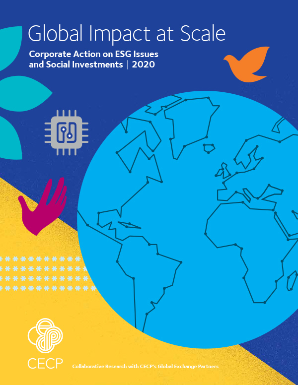 Titelseite des Reports „Global Impact at Scale: Corporate Action on ESG Issues and Social Investments 2020“. Die Studie untersucht, wie Unternehmen Nachhaltigkeit in ihre Strategien integrieren. Infografik: CECP