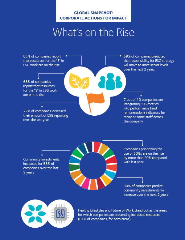 Infografik „What's on the rise“ aus dem Report „Global Impact at Scale: Corporate Action on ESG Issues and Social Investments 2020“. Infografik: CECP