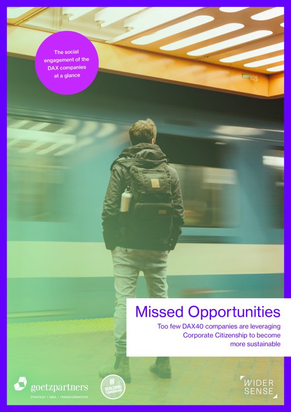Cover photo of the study “Missed Opportunities: Too few DAX40 companies are leveraging Corporate Citizenship to become more sustainable” by Wider Sense and goetzpartners. Photo: JP Valery, unsplash.com