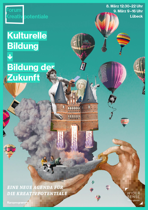 Collage mit fliegendem Holstentor, Kulturgütern, Ballons. Titelbild des Programmheftes zum Forum Kreativpotentiale 2022. Collage: Bijan Dawallu